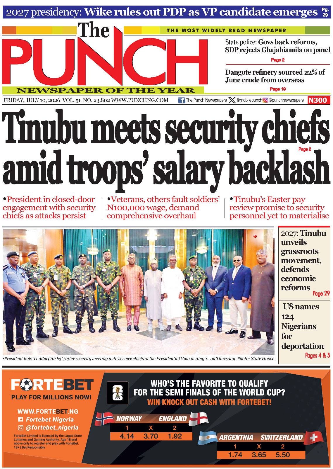 Here are some of Nigerian newspaper headlines and front pages for today, Friday, July 10, 2026.
#Br...