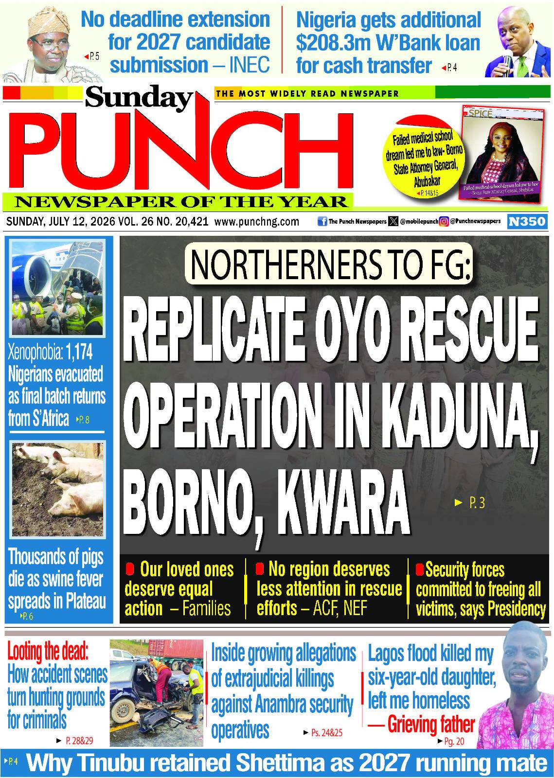 Here are some of Nigerian newspaper headlines and front pages for today, Sunday, July 12, 2026.
#Br...