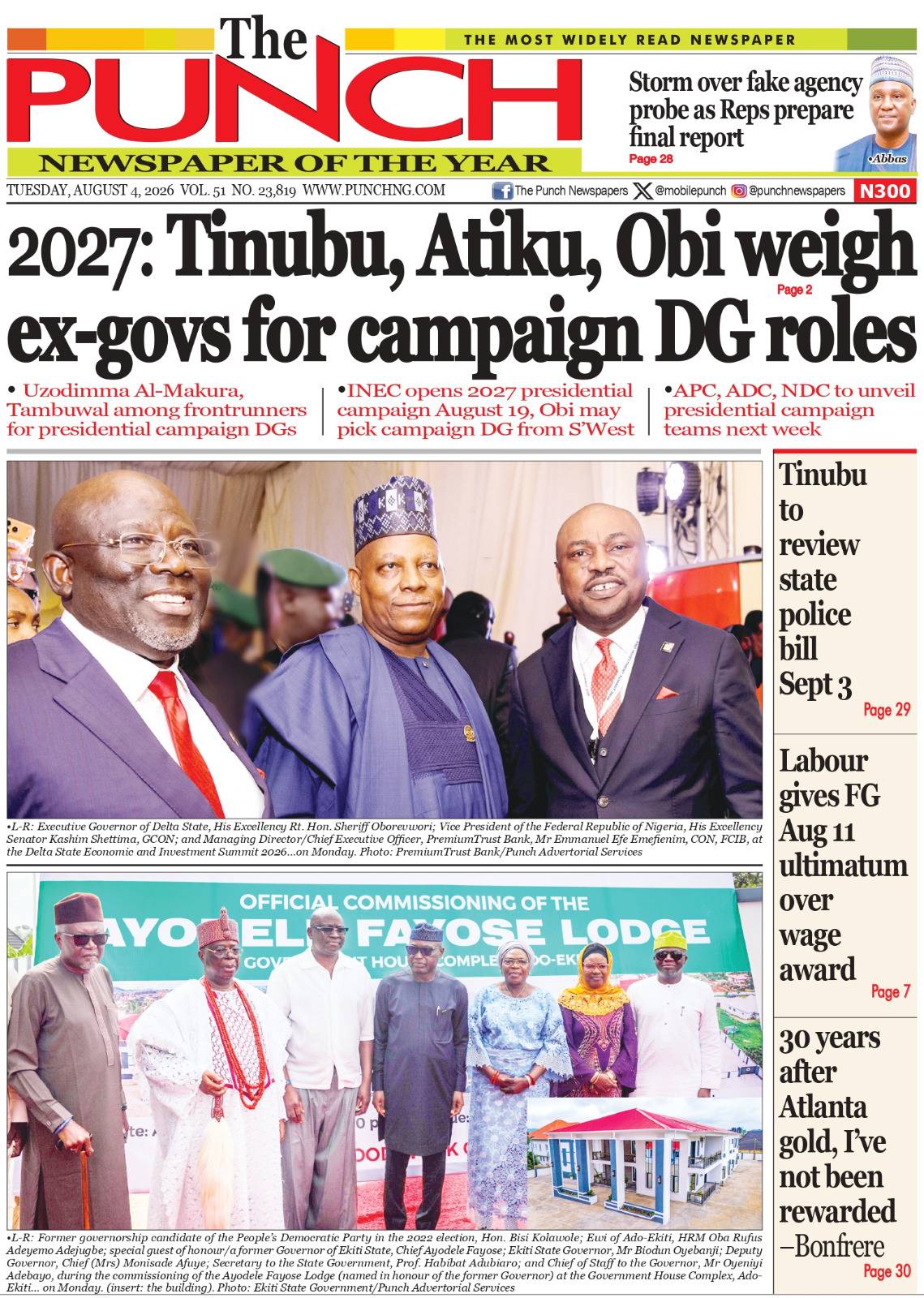 Here are some of Nigerian newspaper headlines and front pages for today, Tuesday, August 04, 2026....