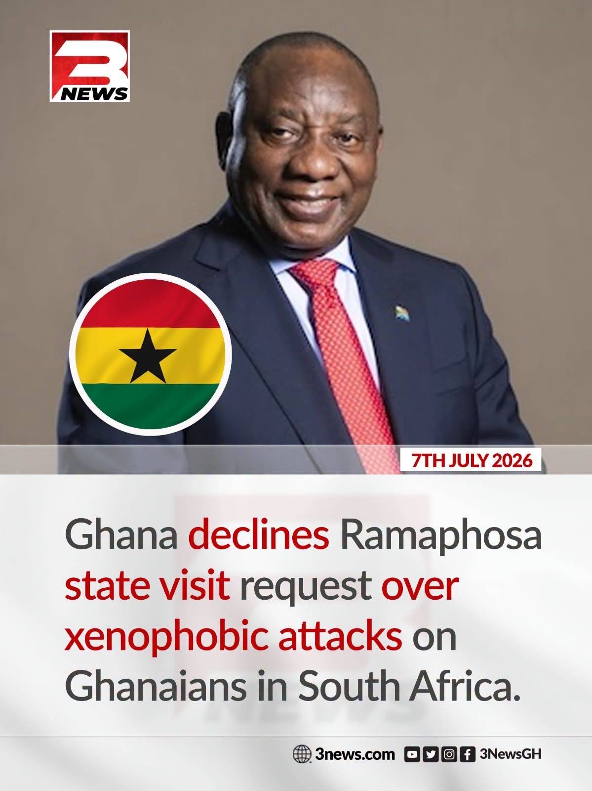 Ghana has formally declined a state visit request from South African President Cyril Ramaphosa in th...