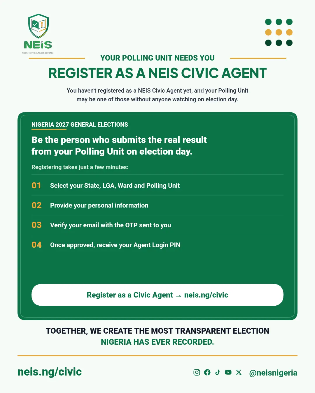 ๐ณ๐ฌ Your Polling Unit Needs You!
Don't let our polling unit go unmonitored on Election Day. Be the p...