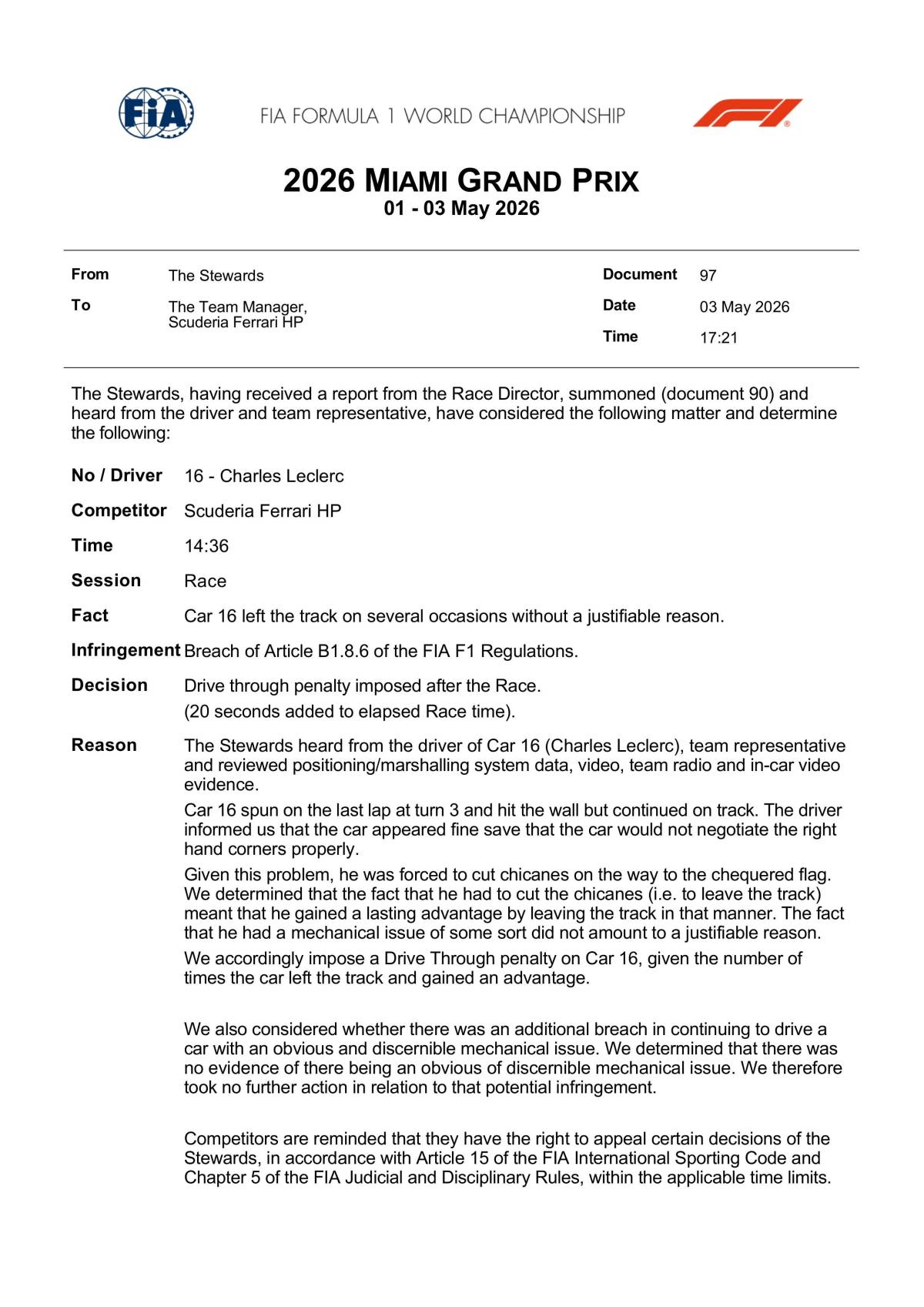 Charles Leclerc was handed a 20 second penalty after the #MiamiGP. This means Sir Lewis Hamilton is...