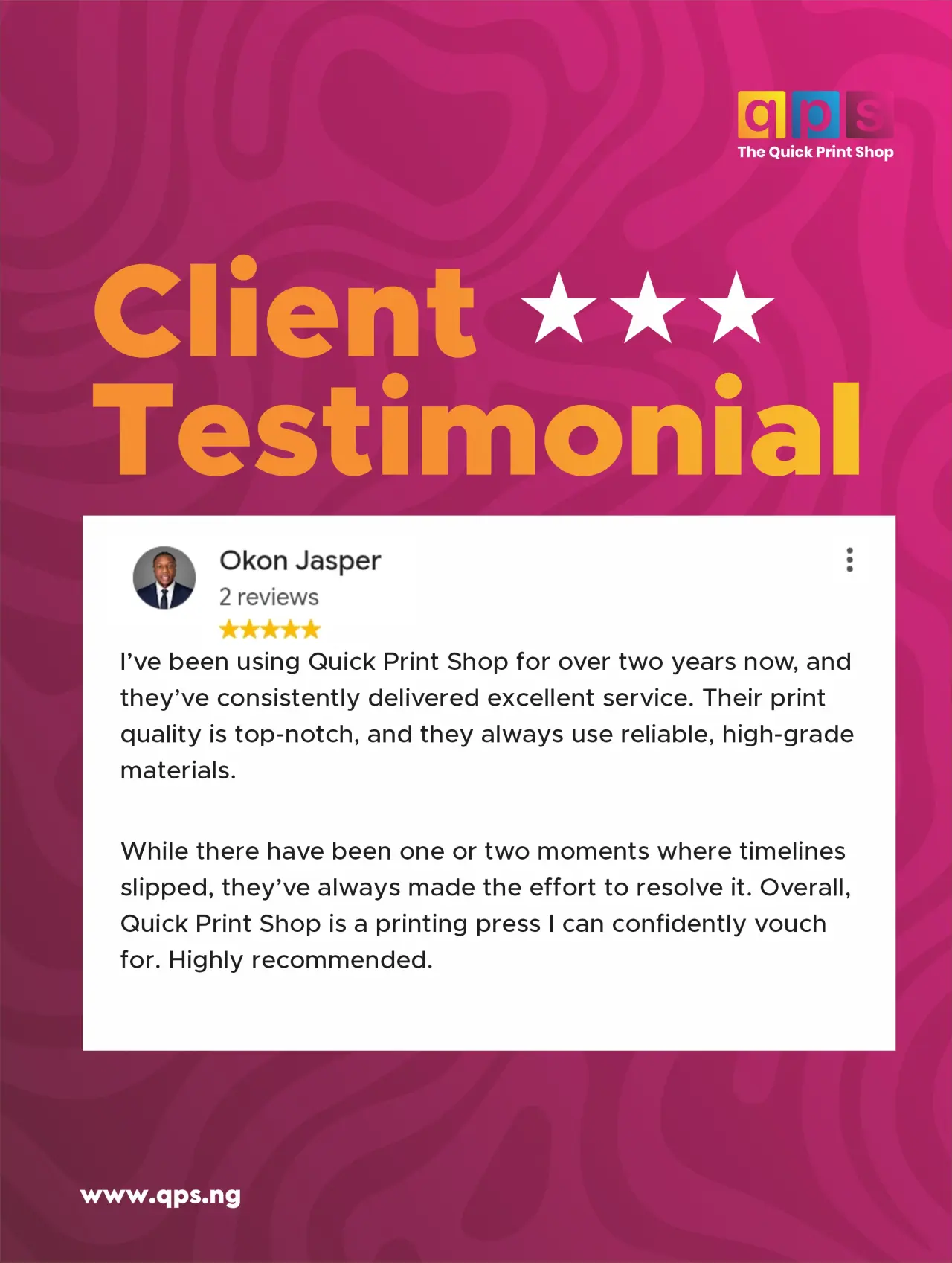 Happy clients, happy QPS. Your trust inspires us to keep delivering quality.
For enquiries, you can...