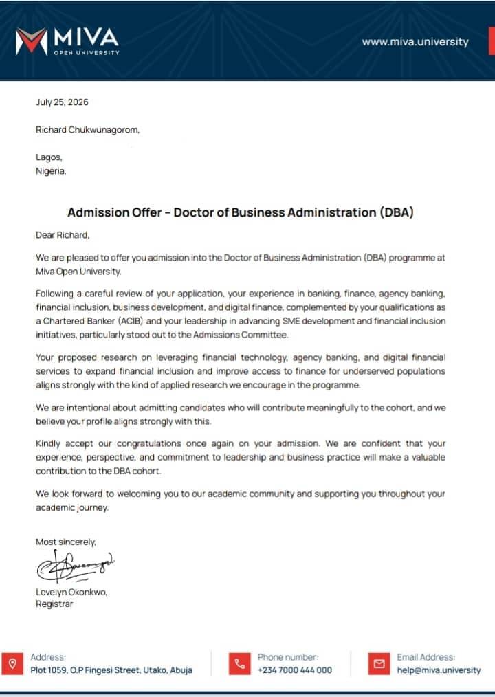 Grateful.
I'm pleased to have received an offer of admission into the Doctor of Business Administra...