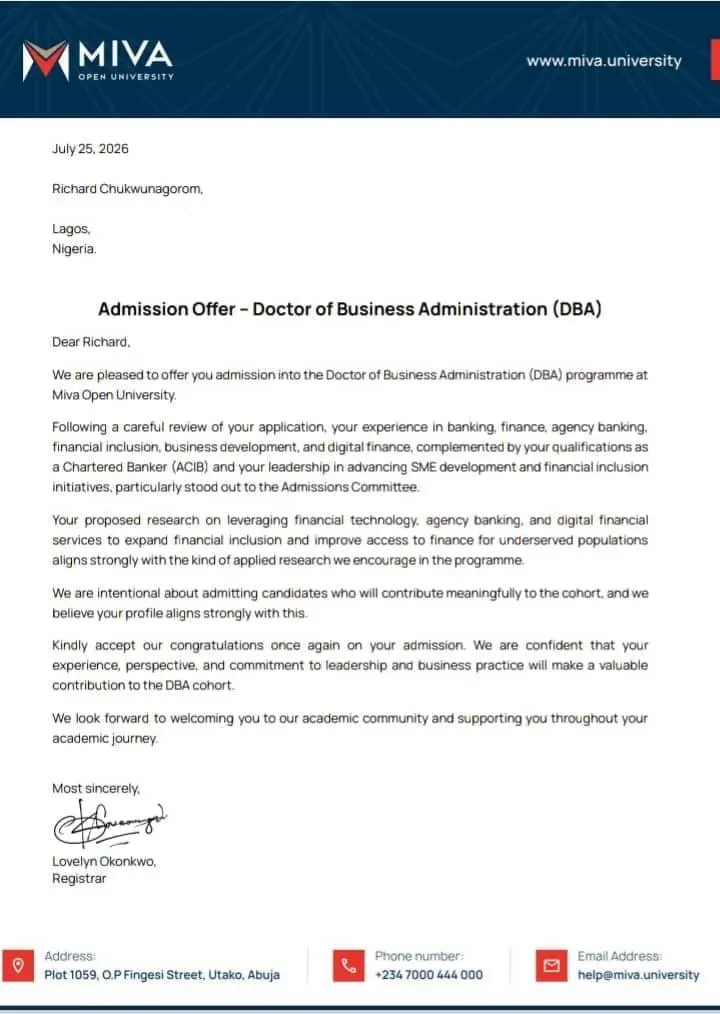 Grateful.
I'm pleased to have received an offer of admission into the Doctor of Business Administra...