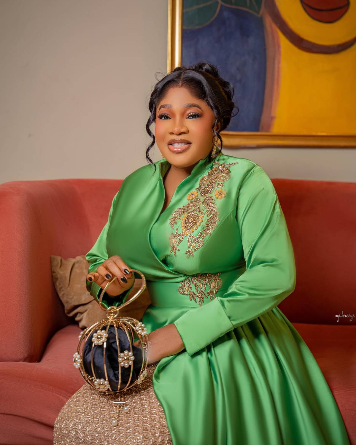 Nollywood star Toyin Abraham Ajeyemi wore a stunning green look designed by Nigerian brand Leemah Co...