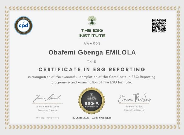 I am glad to share that I have successfully completed the Certificate in ESG Reporting with The ESG...