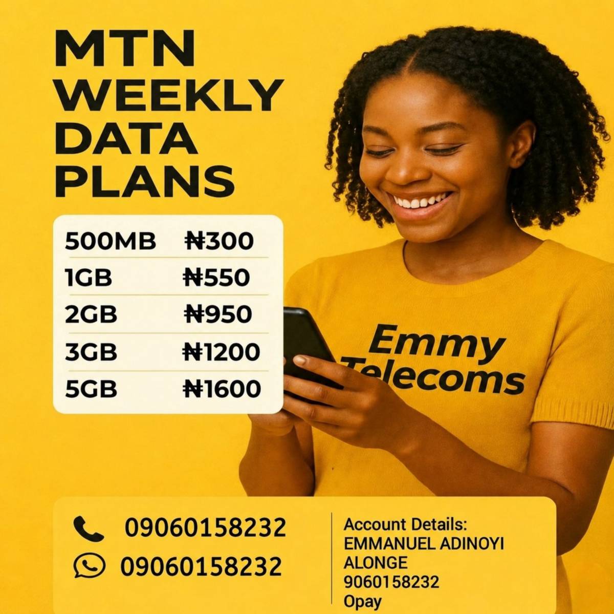 Your data finished? Emmy Telecoms is here.
Cheap MTN weekly plans, fast delivery.
Order now. Your...
