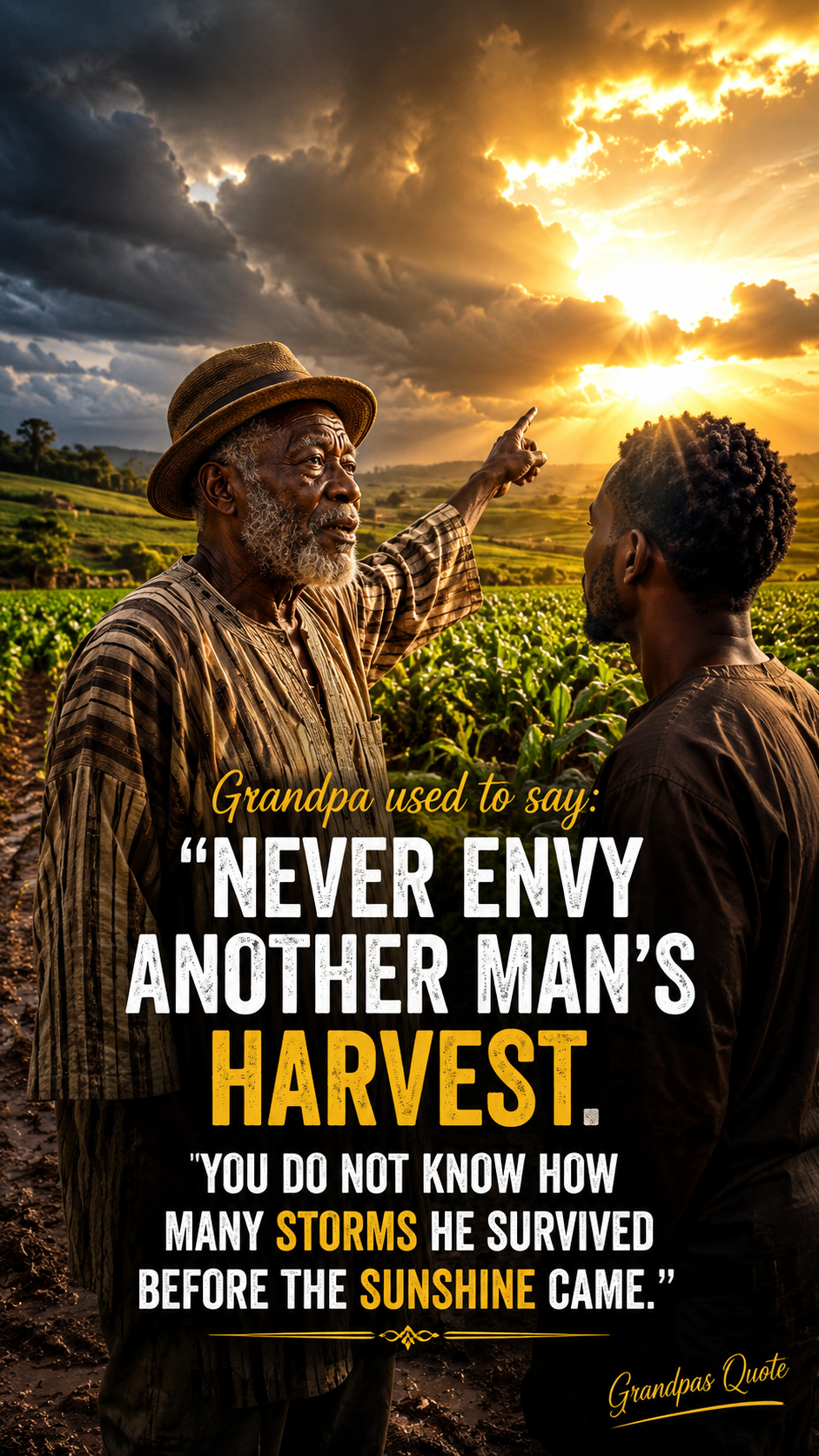 You don't know the story. You only see the glory. Never envy another's man's harvest. Africa Grandpa...