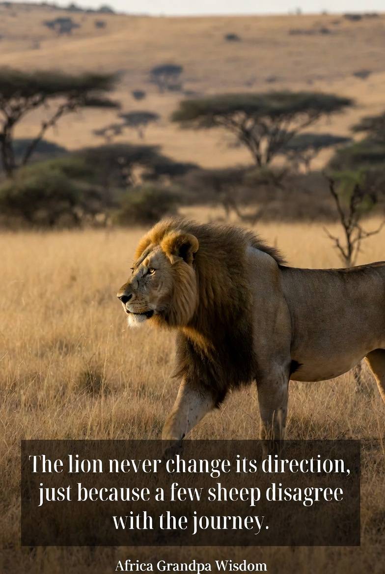 "A majestic lion strides undeterred through the savanna: 'The lion never changes its direction, just...