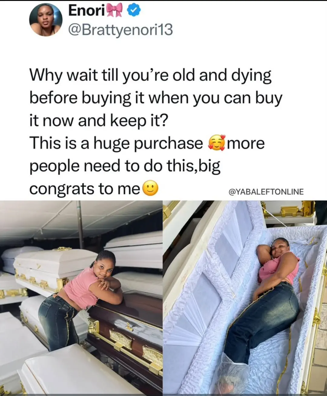 Imagine what she posted on social media 😳
Haba, kilode🙄 I dey fear casket like mad😁