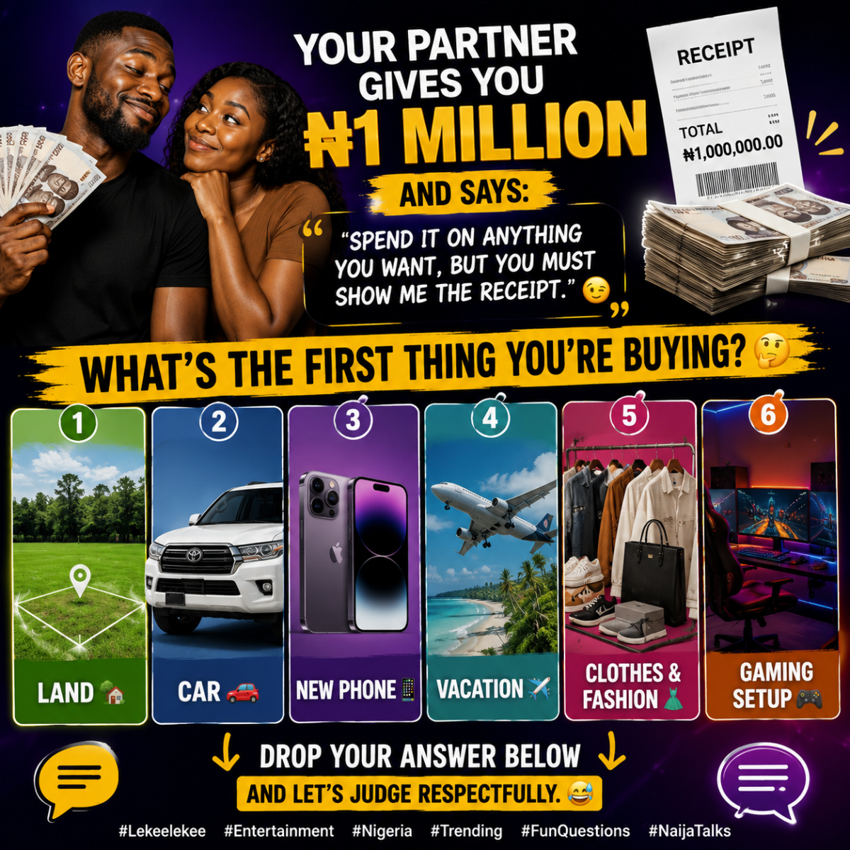 Your partner gives you โฆ1 million and says:
Spend it on anything you want, but you must show me the...
