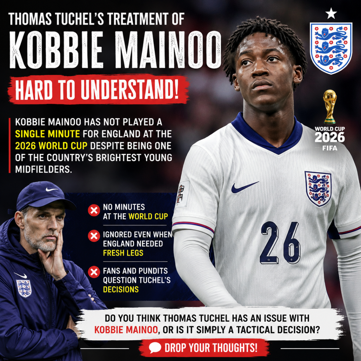 Mainoo has not played a single minute for England at the 2026 FIFA World Cup despite being one of th...