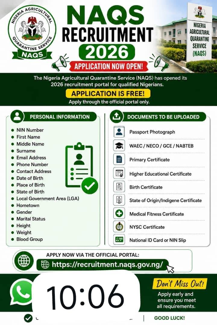*NAQS RECRUITMENT 2026 โ REQUIREMENTS*
๐ Personal Information Required
- NIN Number
- First Name...