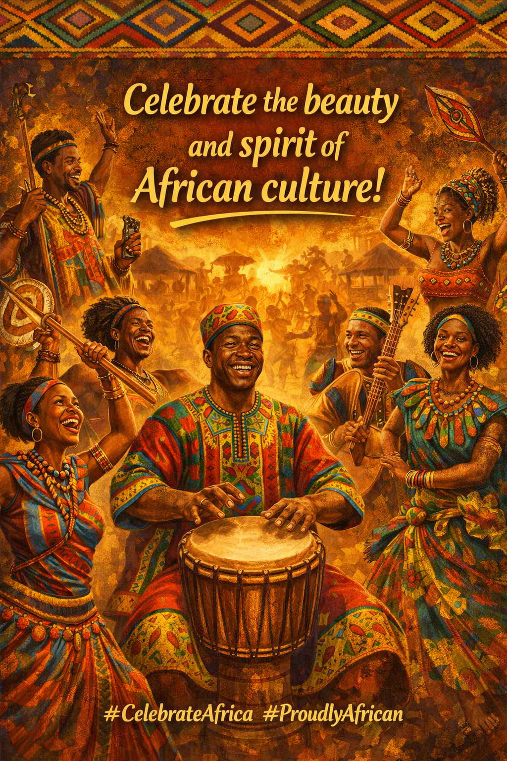 This illustration captures the vibrant spirit of African traditions, with people dressed in colorful...