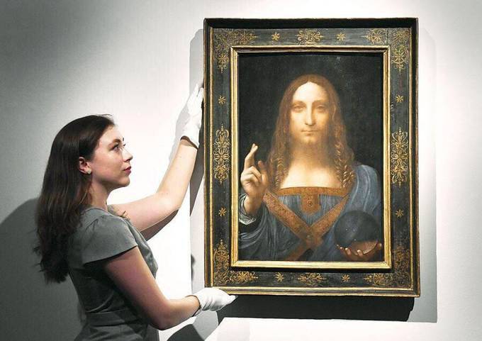 This is the Salvator Mundi, the most expensive painting ever sold. It depicts Jesus holding a transp...