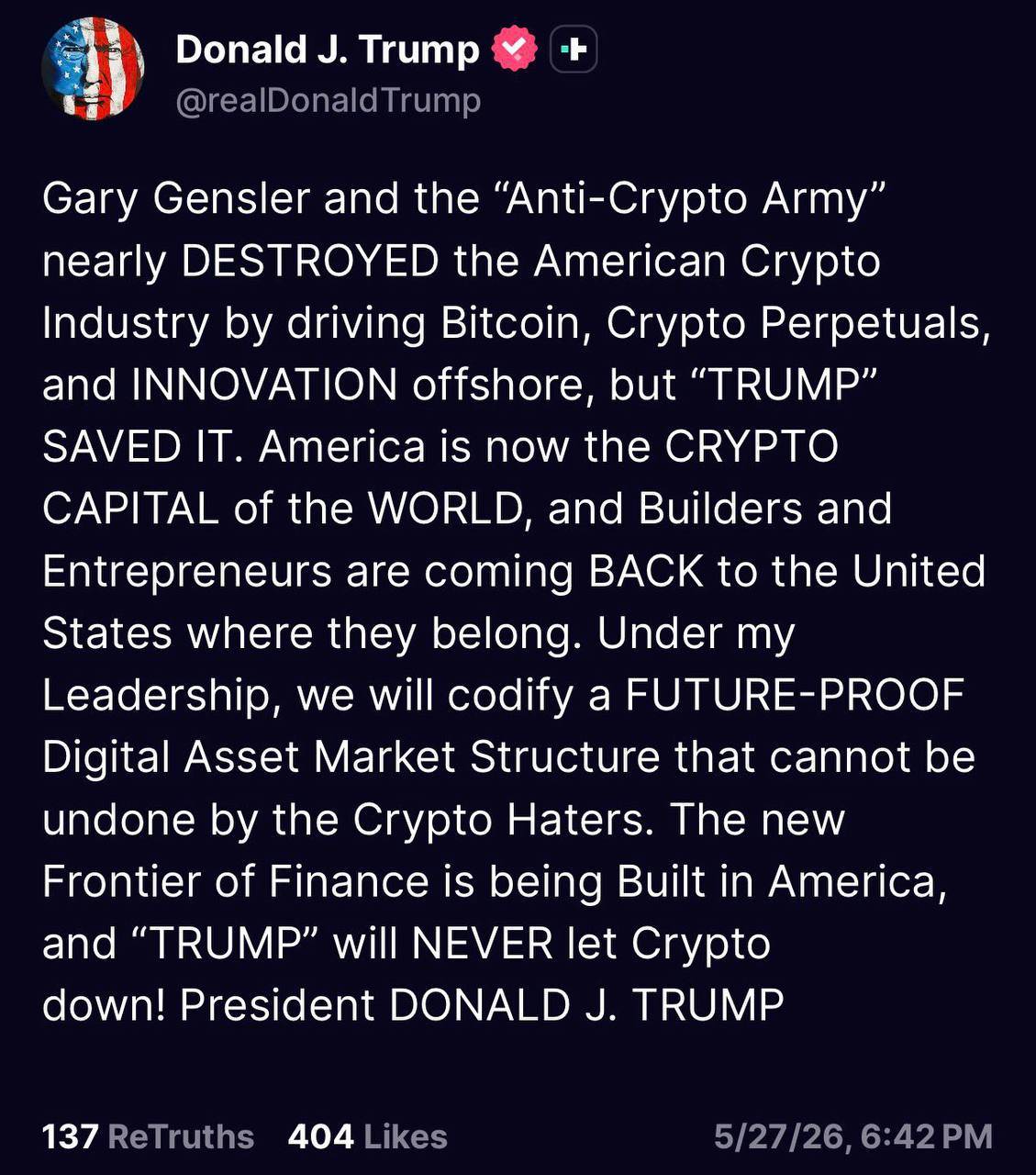 BREAKING: 🇺🇸 President Trump releases a statement on crypto.
“Trump will never let crypto down,” he...