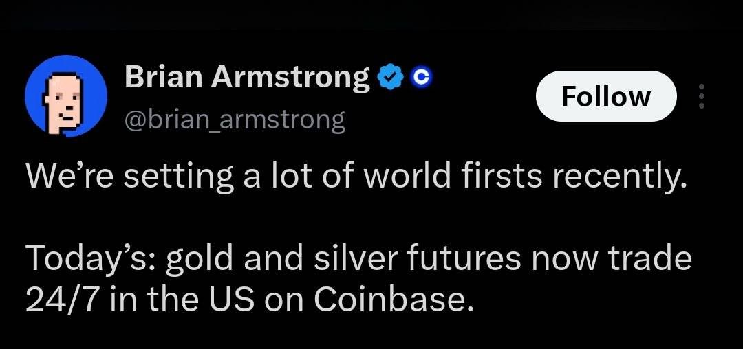 πΊπΈ BRIAN ARMSTRONG: Gold and silver futures now trade 24/7 in the US on Coinbase.
#gold #silver #Ne...