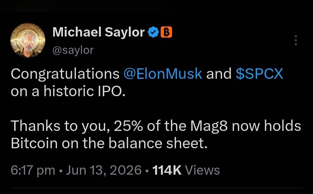 ๐ฅ SAYLOR: "25% of the Mag8 holds Bitcoin..."
#News #BTC #SPCX