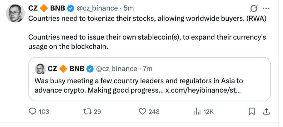 ⚡️ NEW: CZ says countries should tokenize their stocks and launch national stablecoins to expand th...
