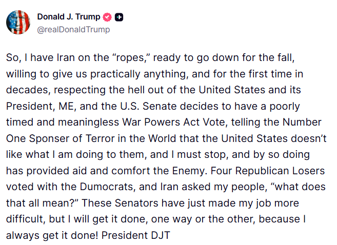 JUST IN: ๐บ๐ธ๐ฎ๐ท President Trump says Iran is on the "ropes" and "willing to give us practically anythi...