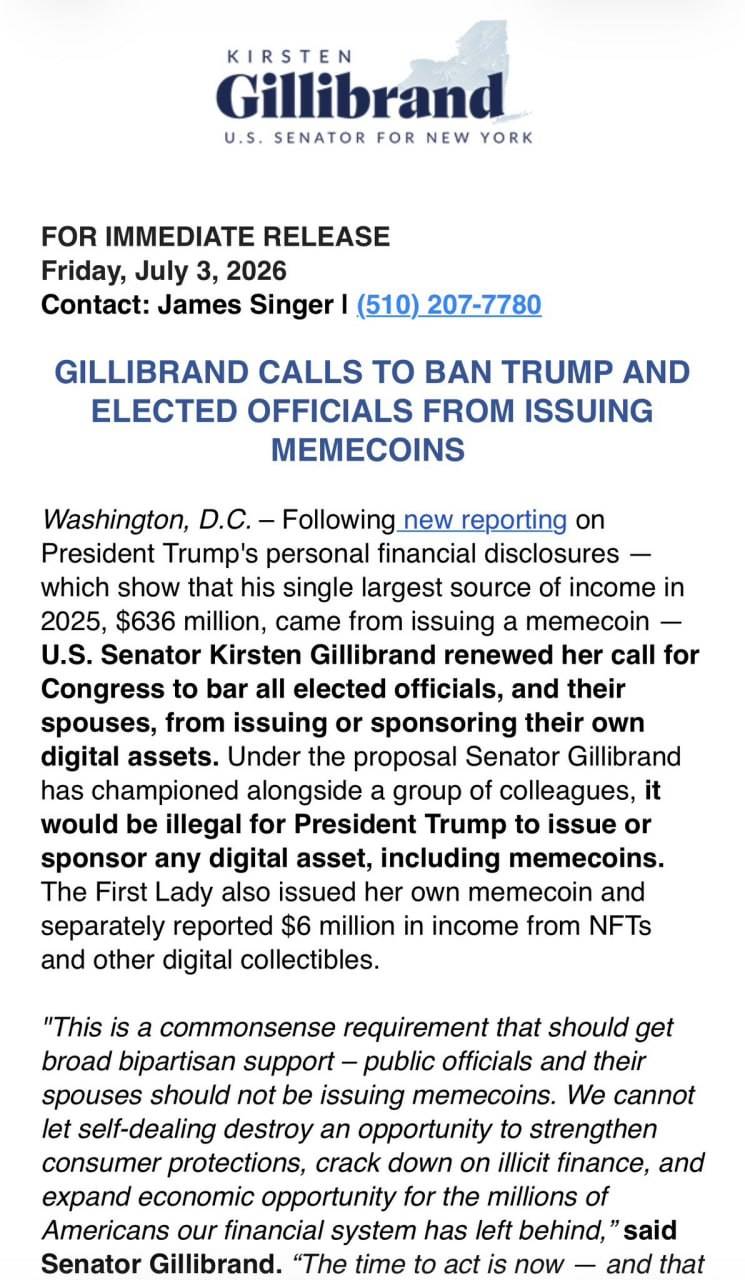 ๐จ UPDATE: After Trump disclosed $600M+ in income from the $TRUMP, Sen. Gillibrand is renewing calls...