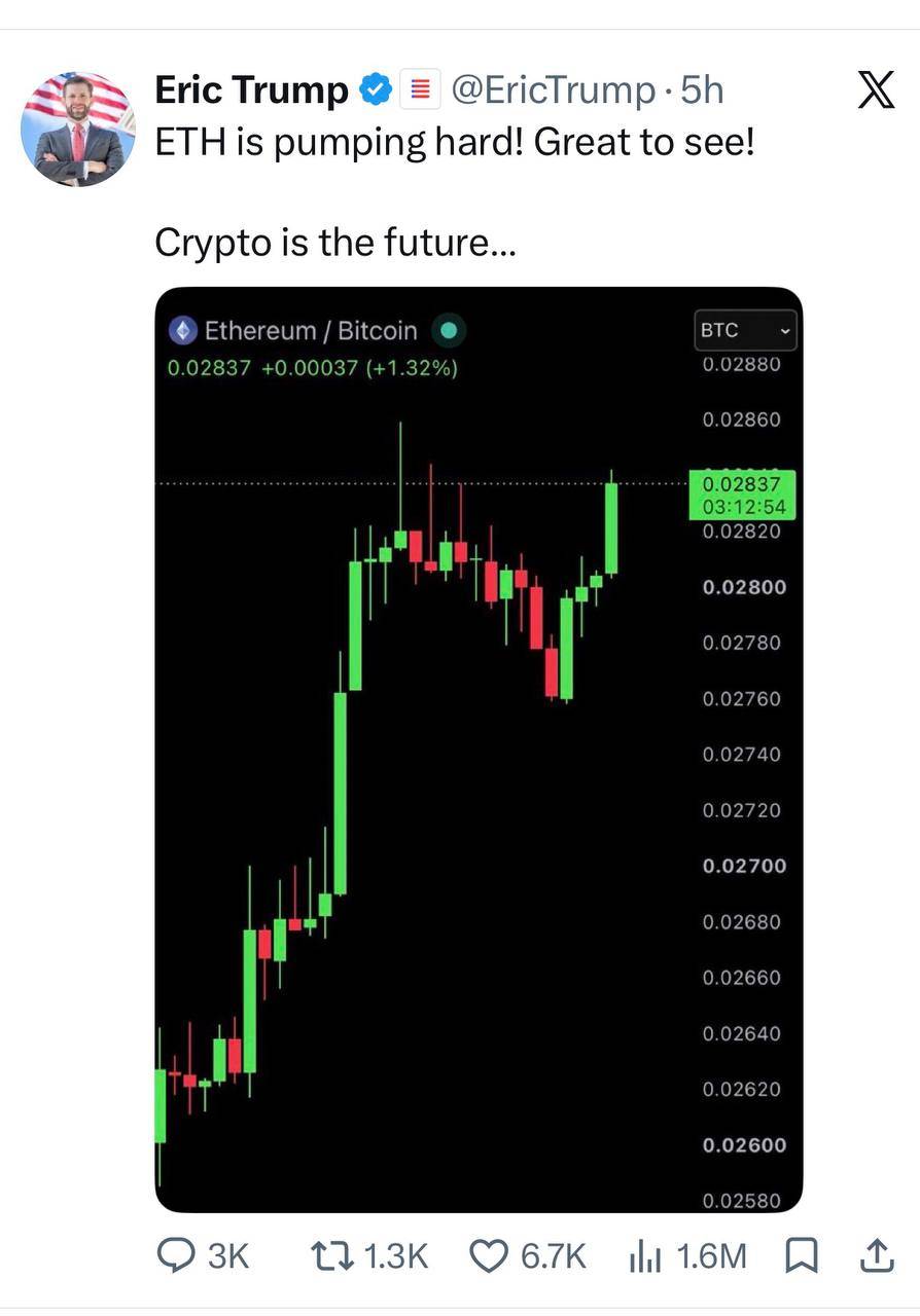 JUST IN: Eric Trump says "ETH is pumping hard…Crypto is the future."
#News #ETH #crypto
