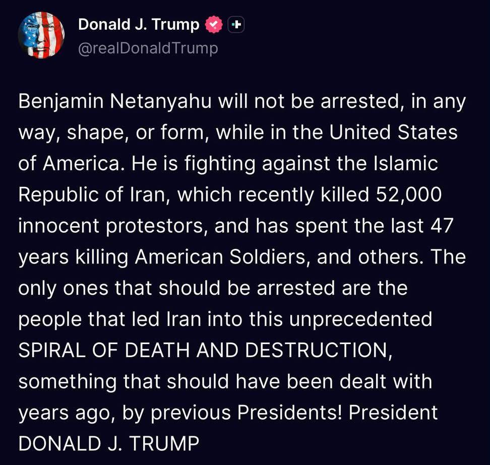 BREAKING: President Donald Trump said Israeli Prime Minister Benjamin Netanyahu will not be arrested...