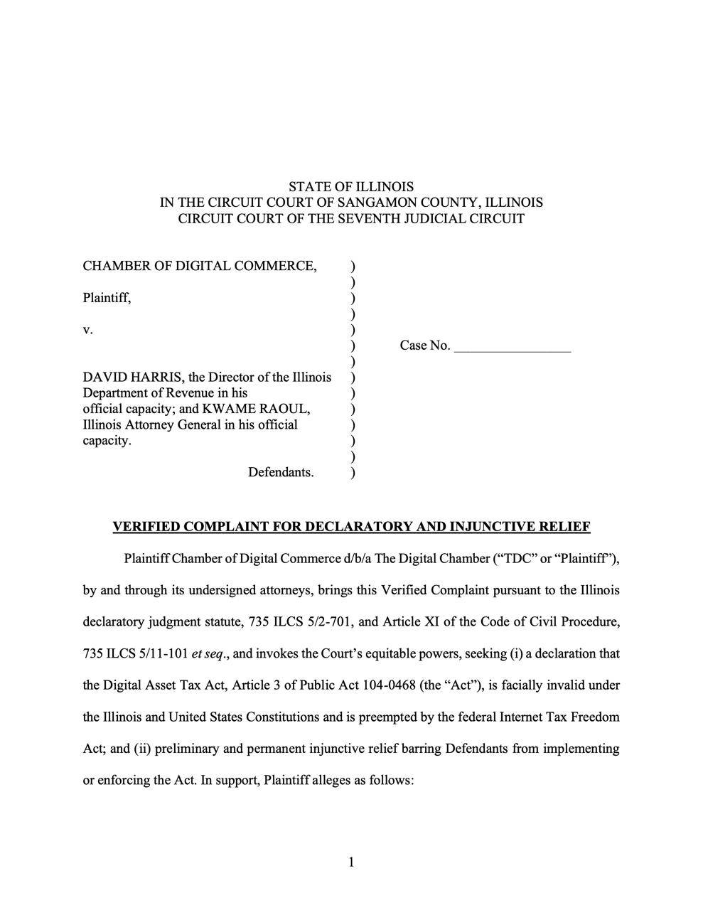πΊπΈ JUST IN: The Digital Chamber has sued to block Illinois' new Digital Asset Tax Act before it take...