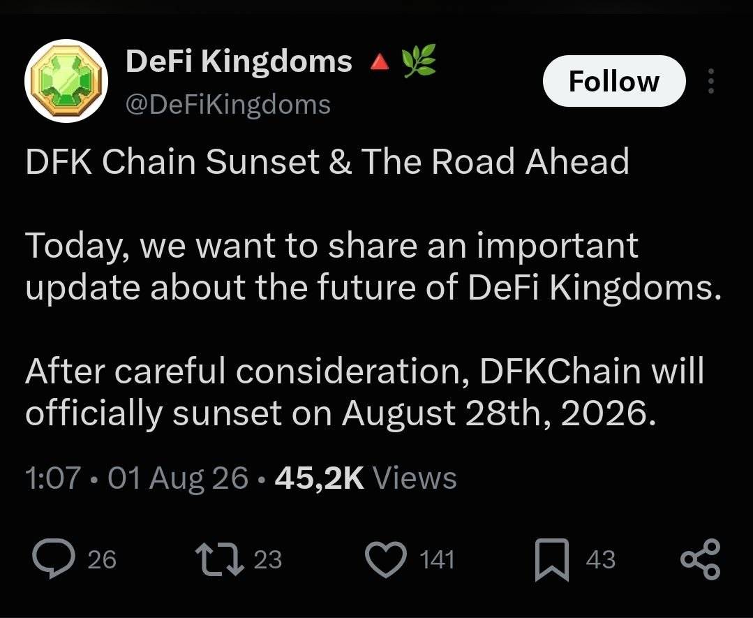 ๐ฅ TODAY: DeFi Kingdoms will shut down DFKChain on August 28.
DeFi Kingdoms will continue to exist...