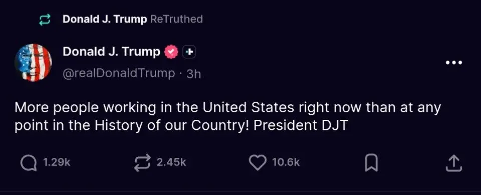 πΊπΈ DONALD TRUMP: "More people working in the United States right now than at any point in the Histor...