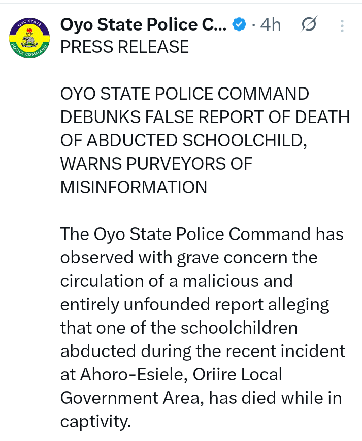 🚨 BREAKING NEWS:
Oyo Police Deny Schoolgirl Death Rumors in Abduction Case
The Oyo State Police Co...