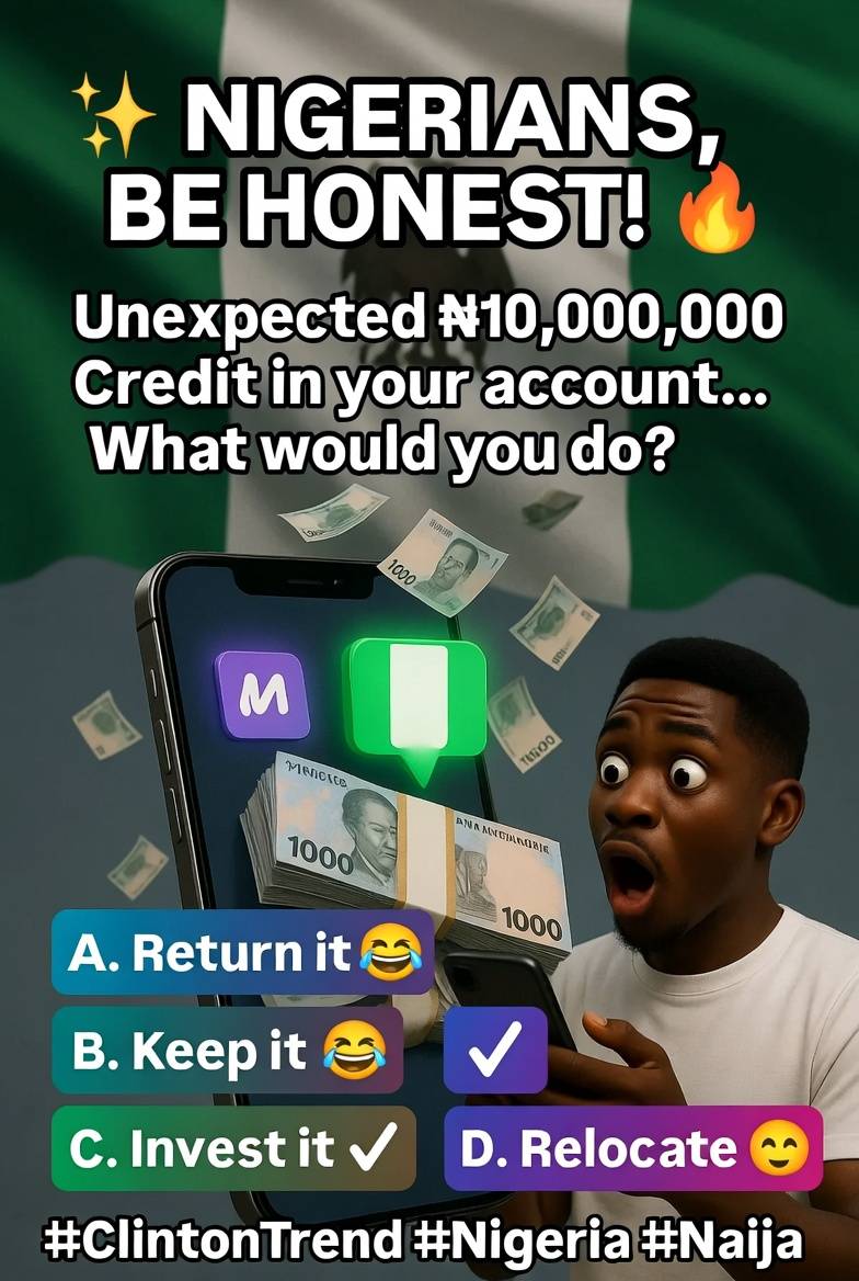 π¨ NIGERIANS, BE HONEST! π³π¬
If someone unexpectedly credits your account with β¦10,000,000 today and...