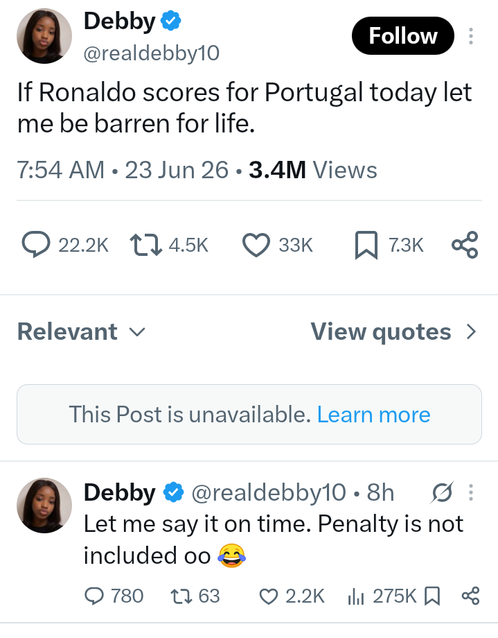 🚨 LADY WHO VOWED TO REMAIN BARREN IF RONALDO SCORE FACES BACKLASH AFTER BRACE🔥⚽
A lady on X (for...