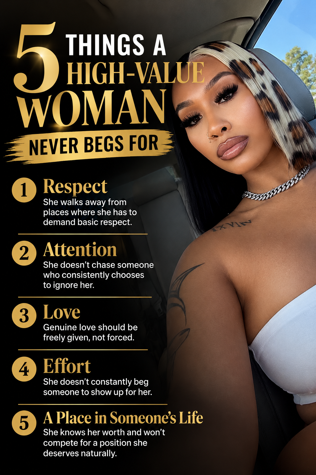 5 Things a High-Value Woman Never Begs For ✨
1. Respect — She walks away from places where she has...