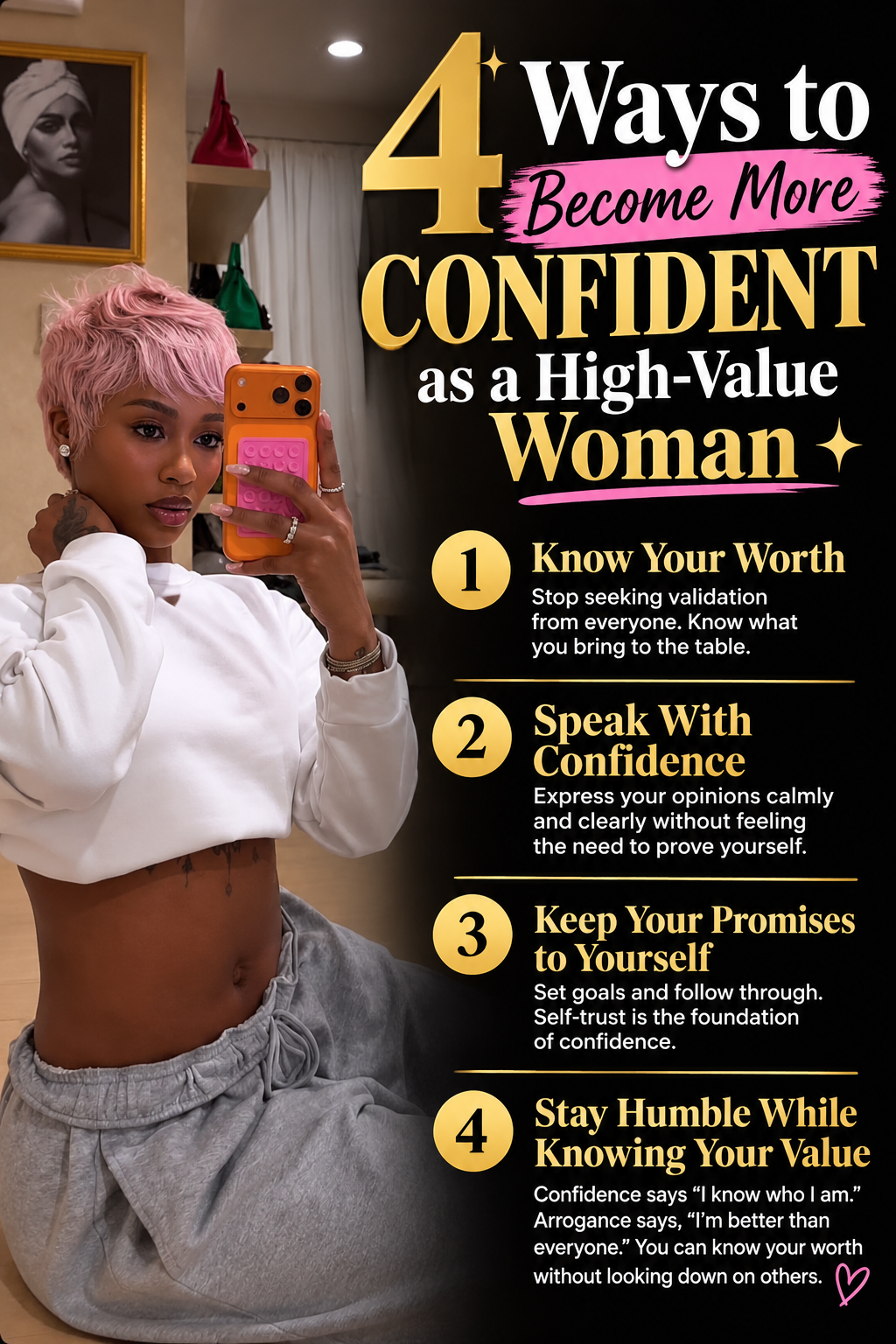 4 Ways to Become More Confident as a High-Value Woman ✨
1. Know Your Worth
Stop seeking validat...