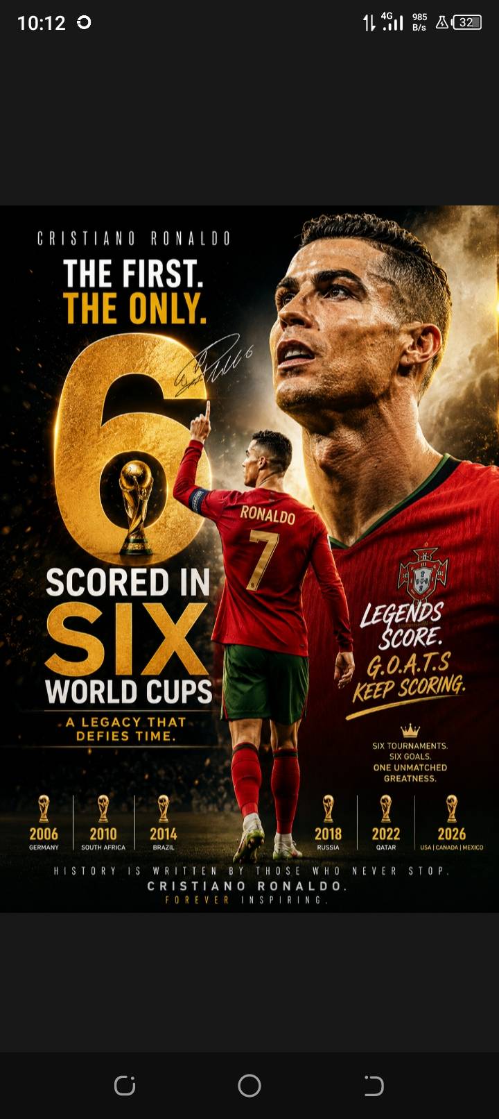 C Ronaldo has done it again.
The first footballer to score in different world cup tournaments.
He'...
