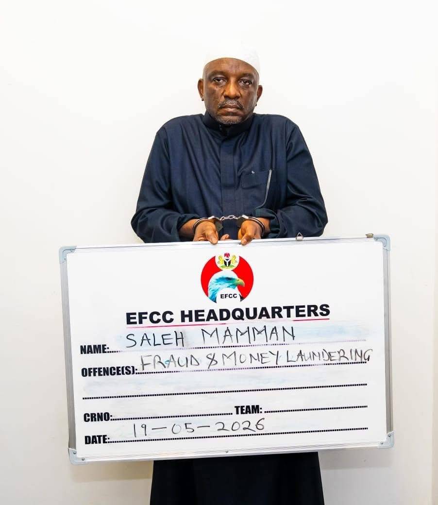 Former Minister of Power, Mamman Saleh, with handcuffs, at the Economic and Financial Crimes Commiss...