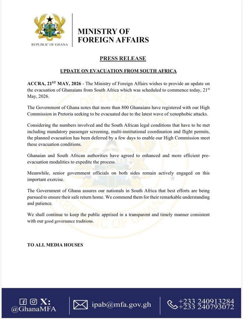 Over 800 Ghanaians in South Africa have registered to be evacuated back home according to the Govern...