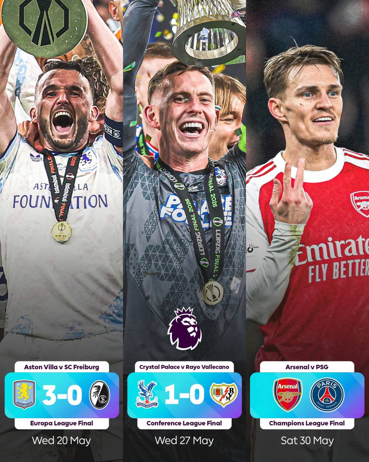 Over to you, Gunners!
✅ Europa League - Aston Villa
✅ Conference League - Crystal Palace
⏳ Champ...