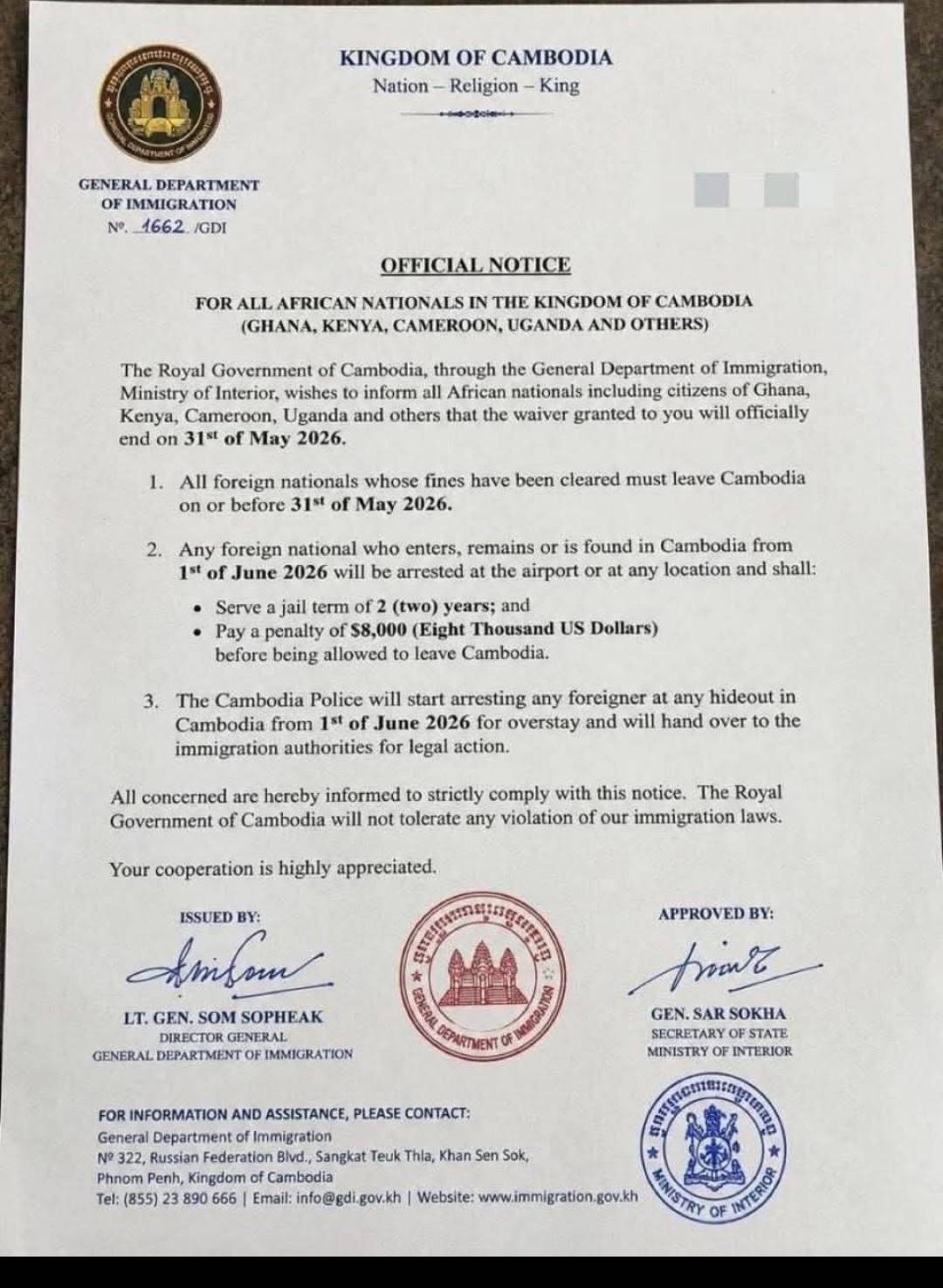 Cambodia orders Africans to leave their country by Sunday.
Imagine Cambodia o!