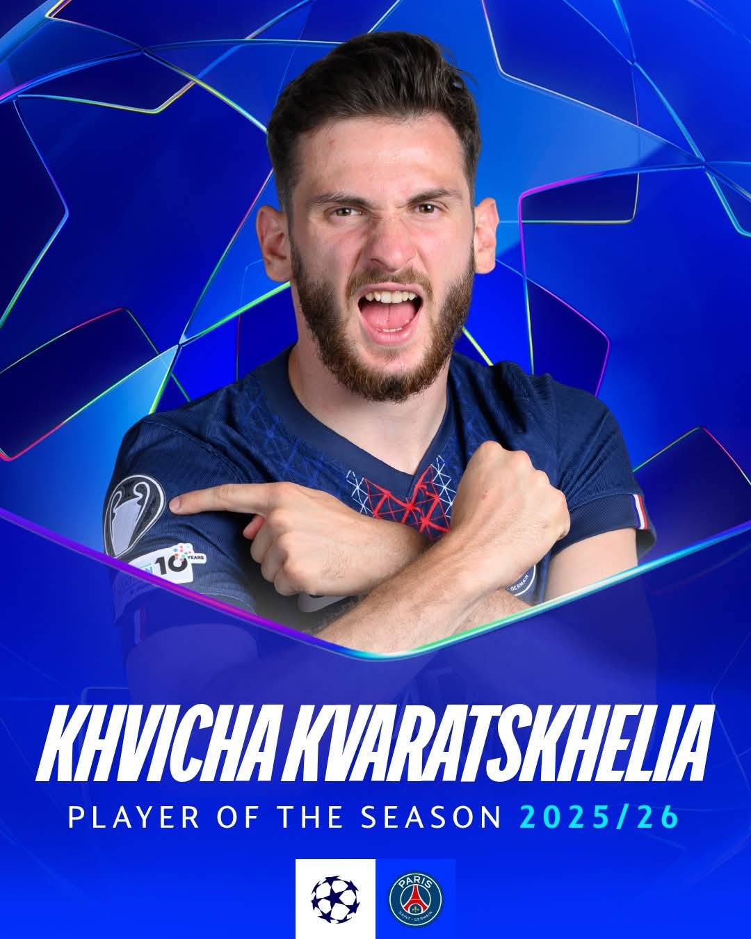 โจ๐ฌ๐ช Khvicha Kvaratskhelia is the 2025/26 UEFA Champions League Player of the Season ๐
#UCL