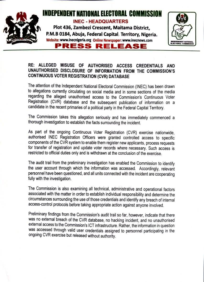 INDEPENDENT NATIONAL ELECTORAL COMMISSION
PRESS STATEMENT
RE: ALLEGED MISUSE OF AUTHORISED ACCESS...