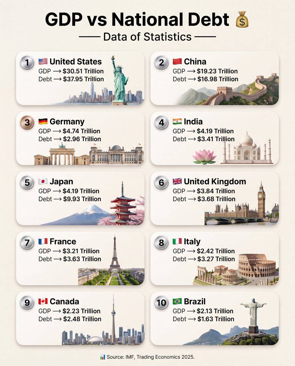 GDP vs National Debt ๐ฐ
1. ๐บ๐ธ United States
: GDP โถ $30.51 Trillion
: Debt โถ $37.95 Trillion
2. ๐จ๐ณ...