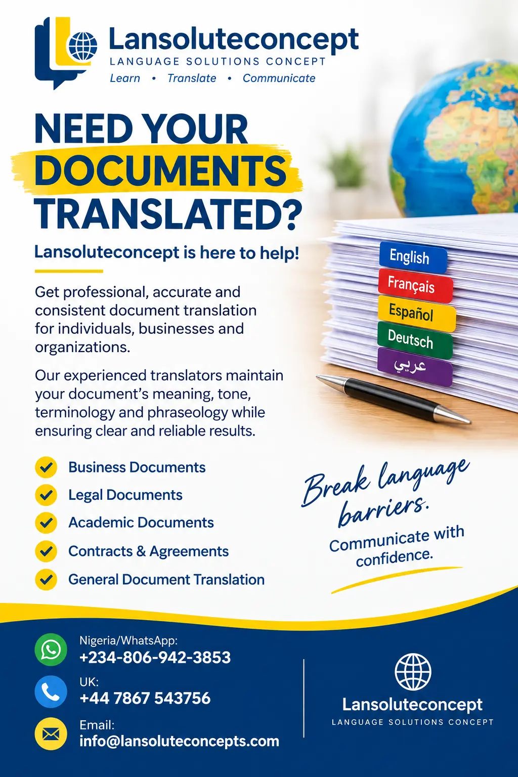 Do you have documents you need translated?
At Language Solutions Concept (Lansoluteconcept), we pr...