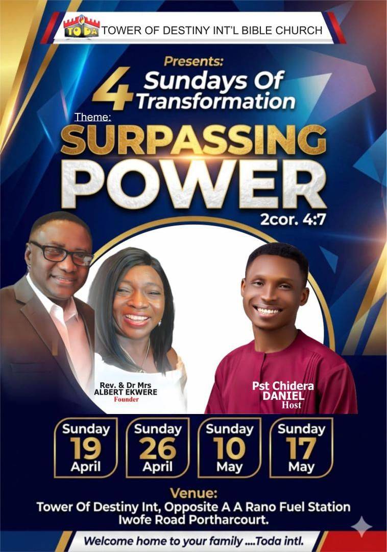 I specially invite you to the third Sunday Of Our Covenant Week Of Surpassing Power Tomorrow 8am pro...