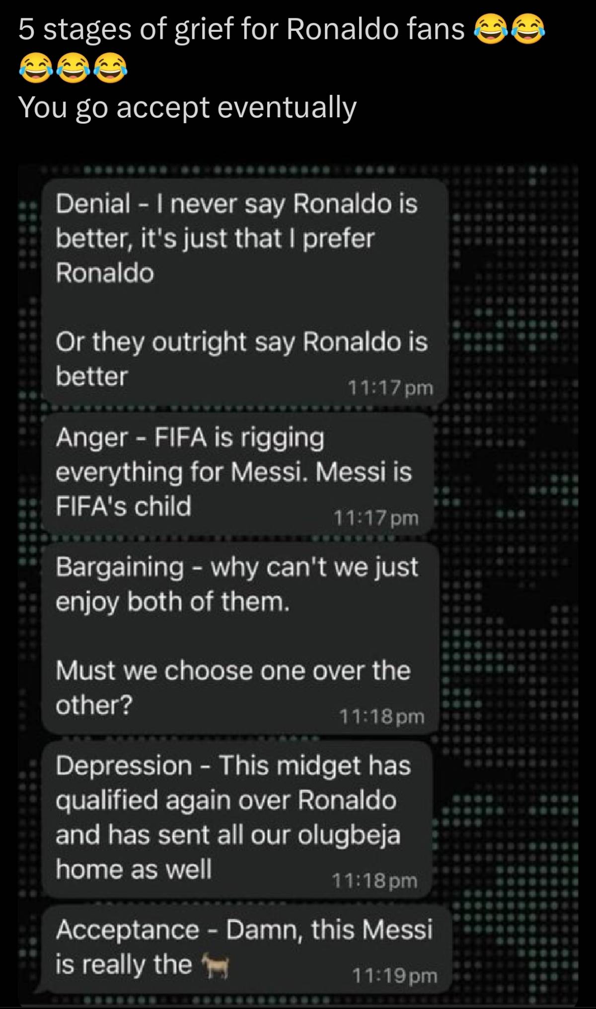 5 stages of grief for Ronaldo fans and Messi haters 😂😂😂