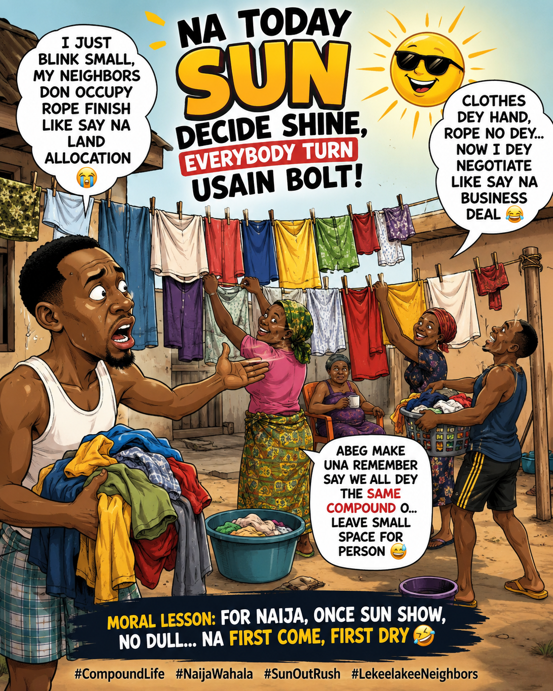 π Na today sun decide shine, everybody turn Usain Bolt!
I just blink small, my neighbors don occupy...