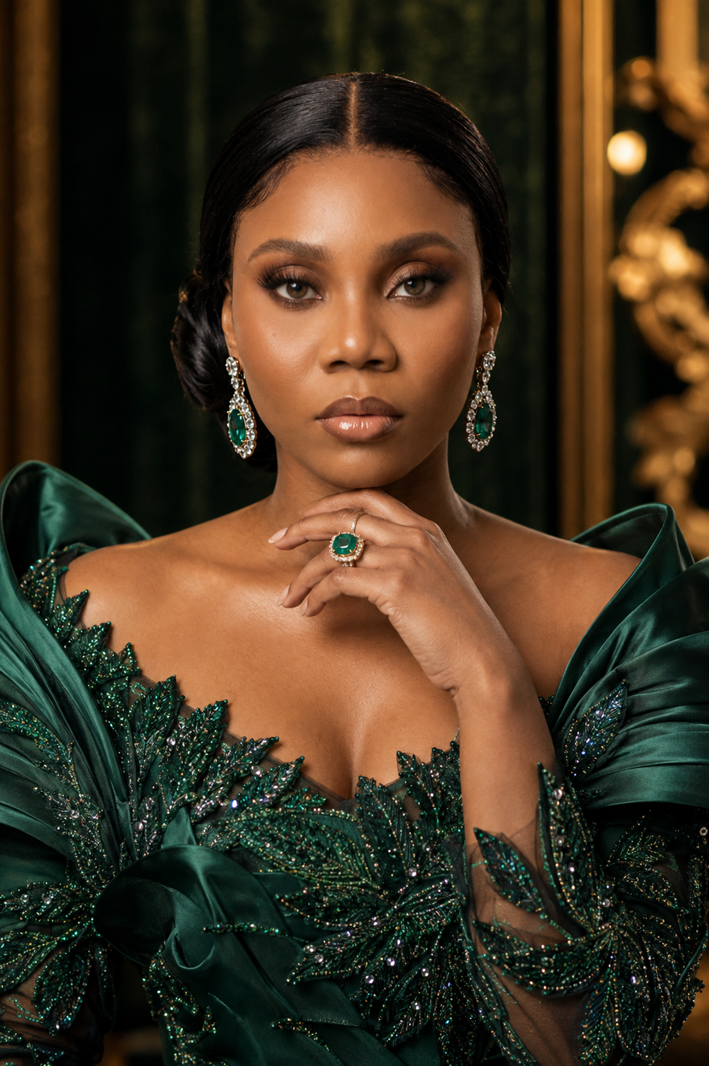 Luxury Beauty Editorial | Emerald & Gold Couture Portrait