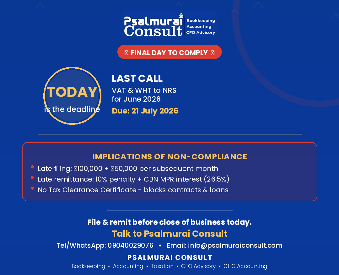 Tax Compliance Alert!
Today is deadline for filing and remitting VAT & WHT.
Need to comply with...